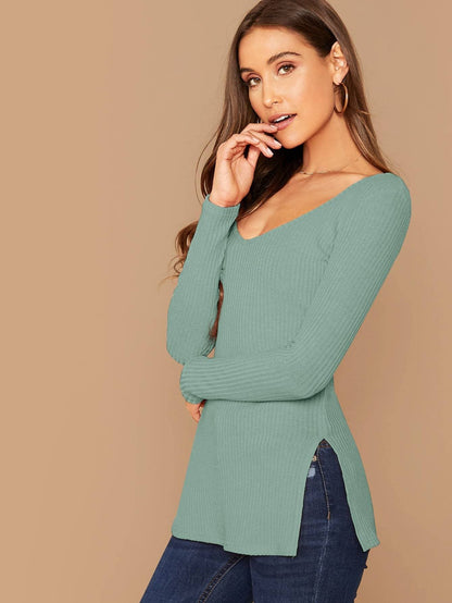 Deep V-Neck Slim Fit Split Side Rib-knit Top