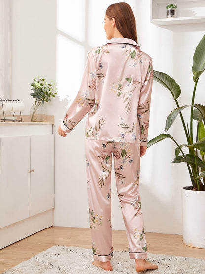 Baby Pink Floral Print Button-up Satin Sleepwear Set