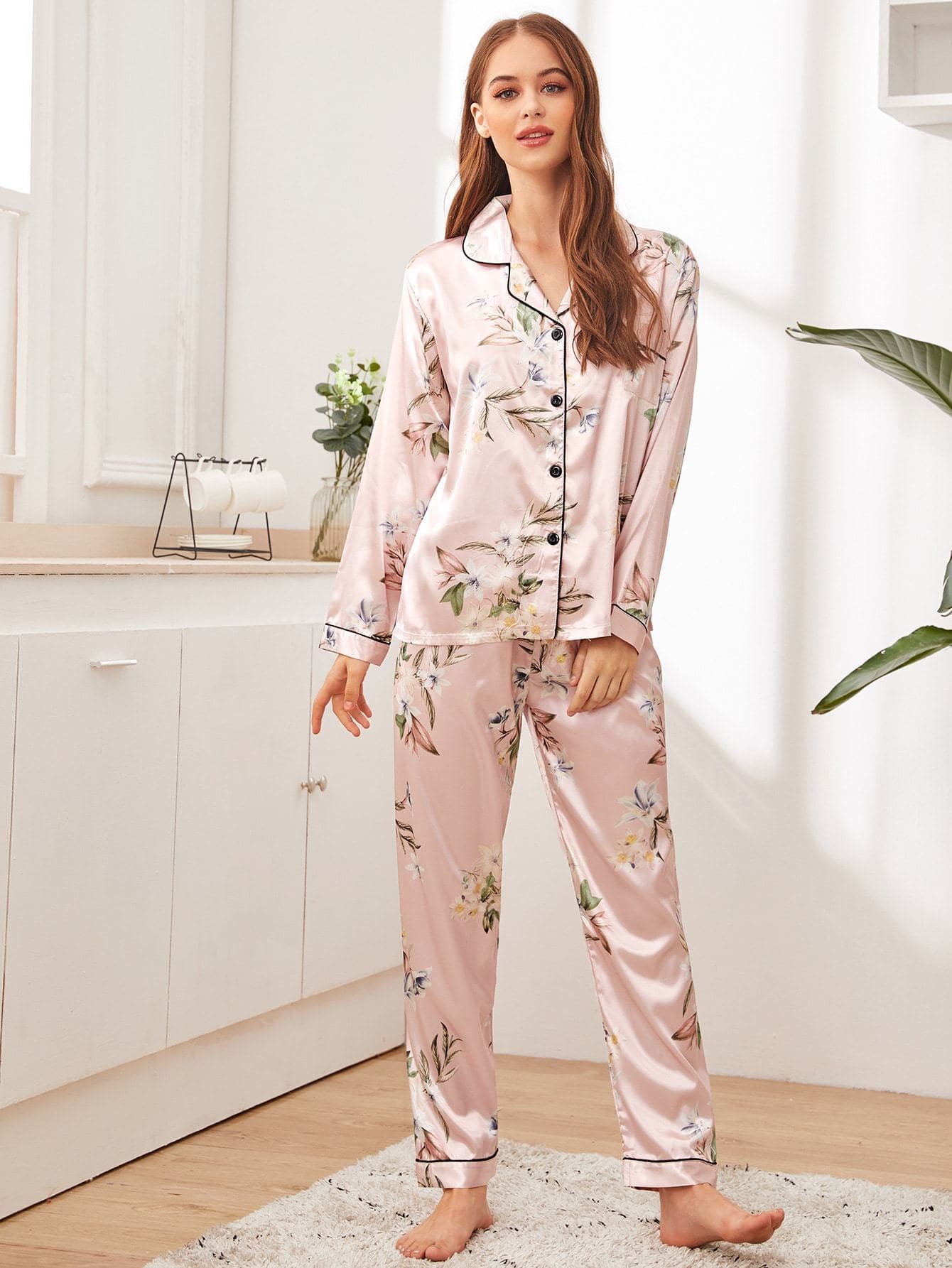 Baby Pink Floral Print Button-up Satin Sleepwear Set