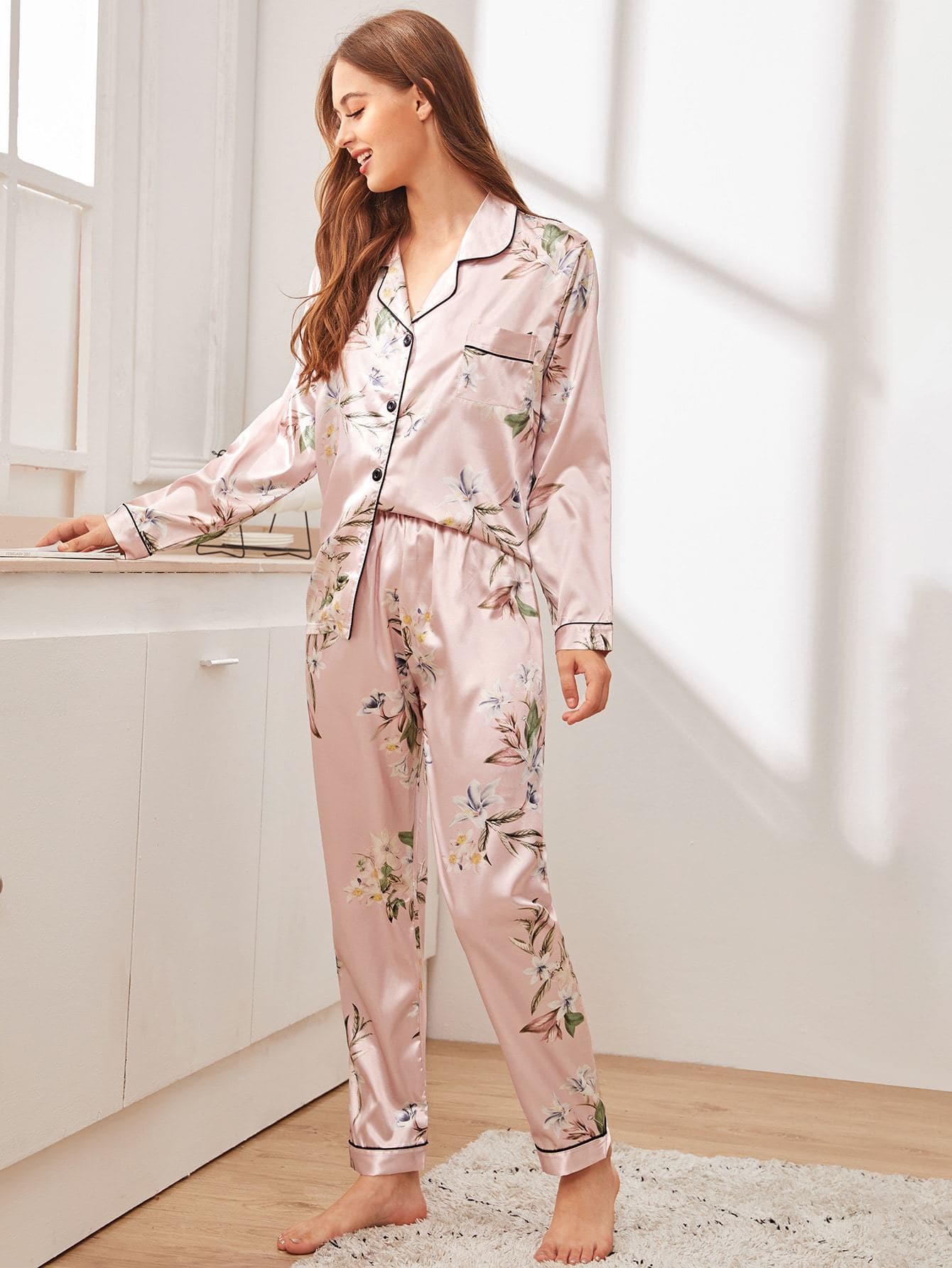 Baby Pink Floral Print Button-up Satin Sleepwear Set