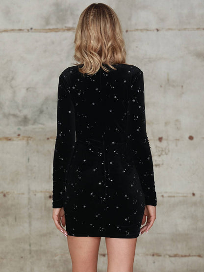 V-Neck Double Crazy Star Velvet Wrap Slim Fit Dress