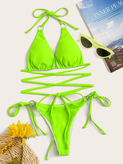 Ring Linked Halter Neck Tie Side Bikini Swimwear