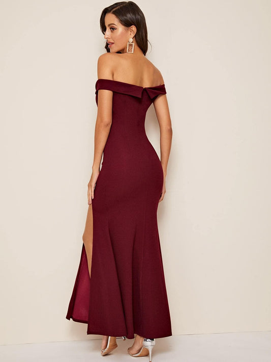 Burgundy Slim Fit Foldover Off Shoulder High Split Dress