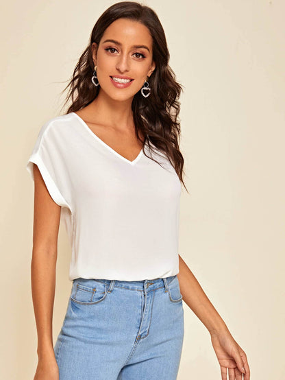 Round Neck Roll Up Sleeve High Low Hem Top