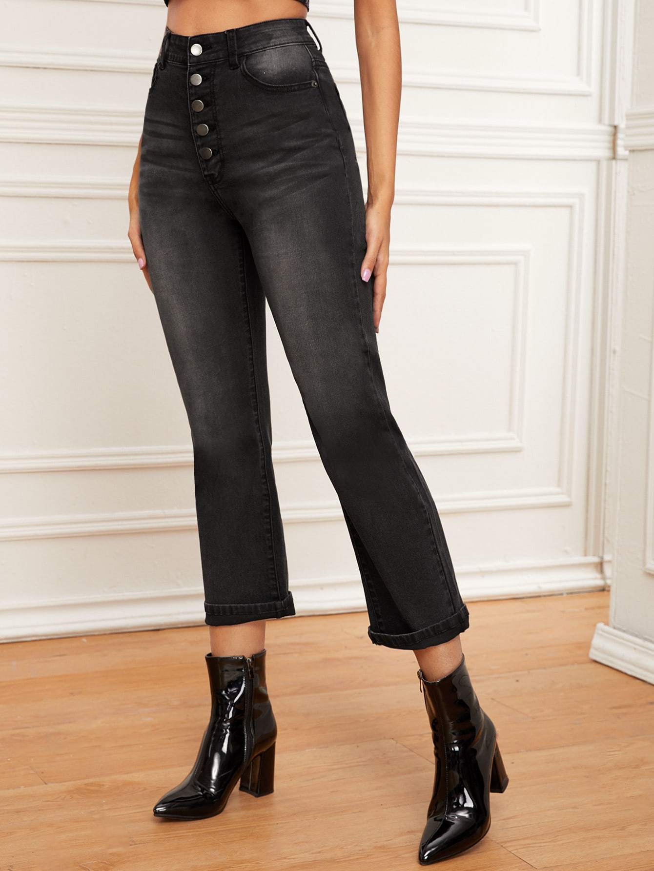Grey High Waist Button Fly Cropped Jeans