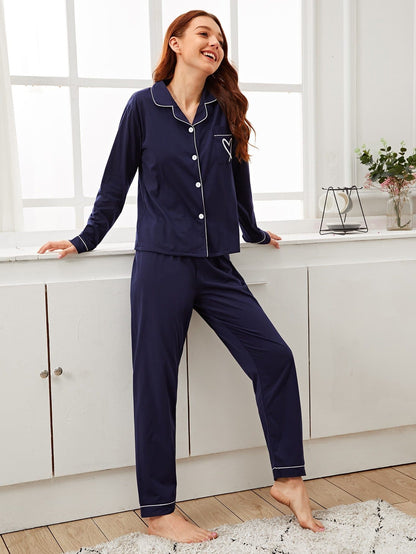 Navy Blue Notched Neckline Heart Embroidery Contrast Binding Sleepwear Set