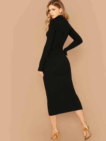 Stand Collar Slim Fit Mock-neck Solid Pencil Dress