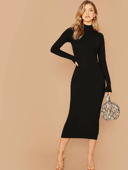 Stand Collar Slim Fit Mock-neck Solid Pencil Dress