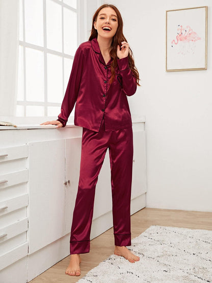 Heart Embroidery Button-up Satin Sleepwear Set