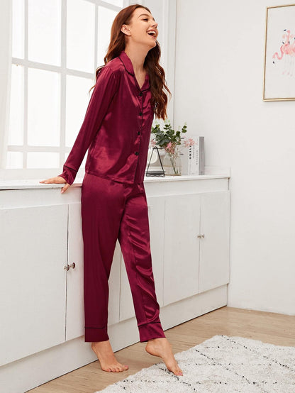 Heart Embroidery Button-up Satin Sleepwear Set