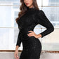Stand Collar Gigot Sleeve Backless Ruched Slim Fit Sequin Dress