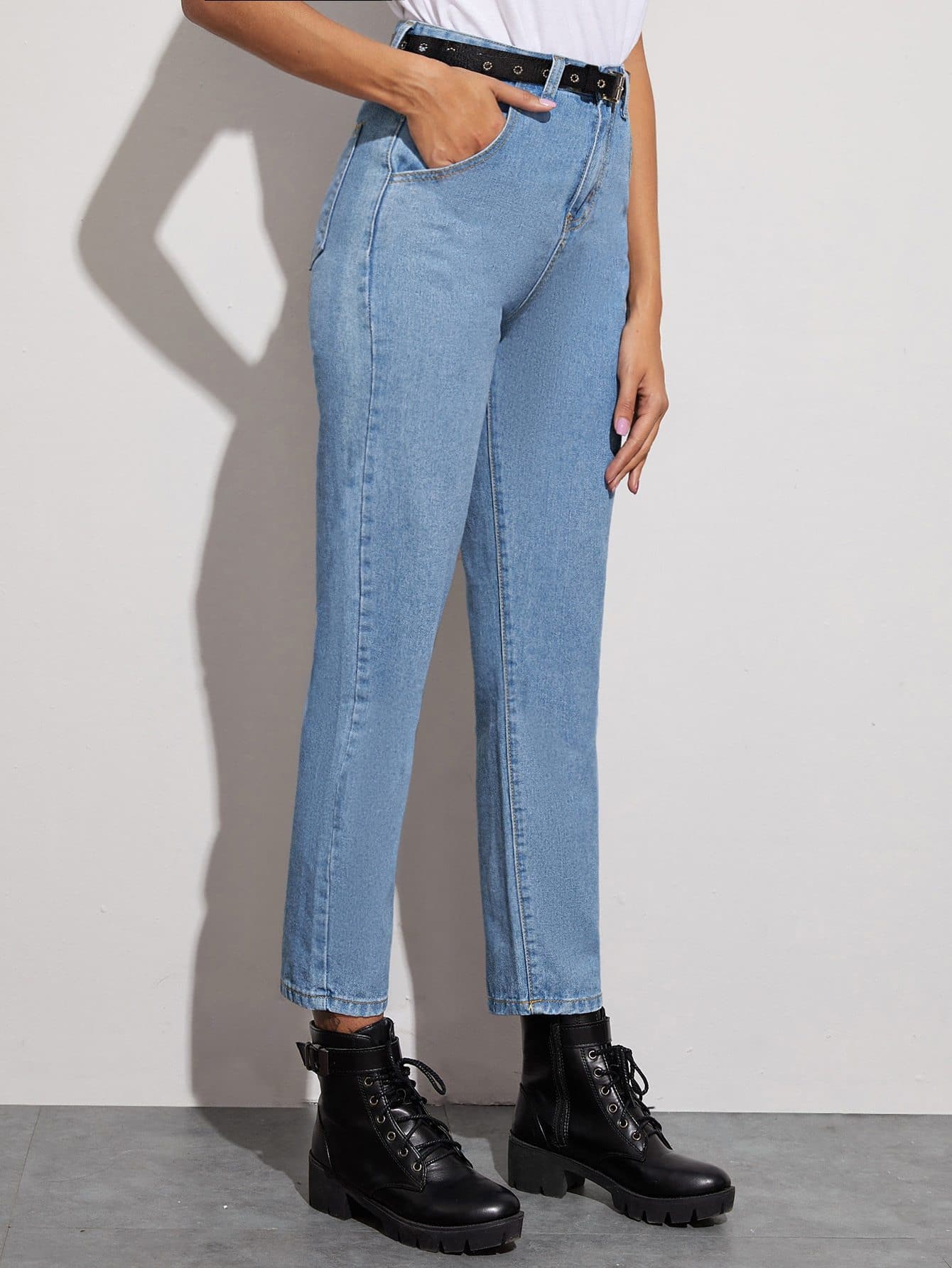 Blue Button Fly Solid Straight Jeans With Belt