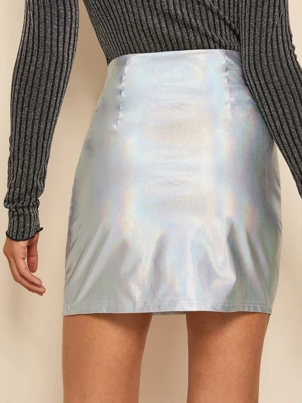 Mid Waist Zipper Side Split Hem Metallic Skirt