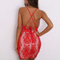 Bright Red Sleeveless Lace Up Backless Embroidered Mesh Bodycon Dress