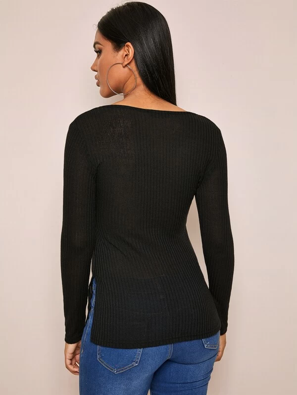 Deep V-Neck Slim Fit Split Side Rib-knit Top
