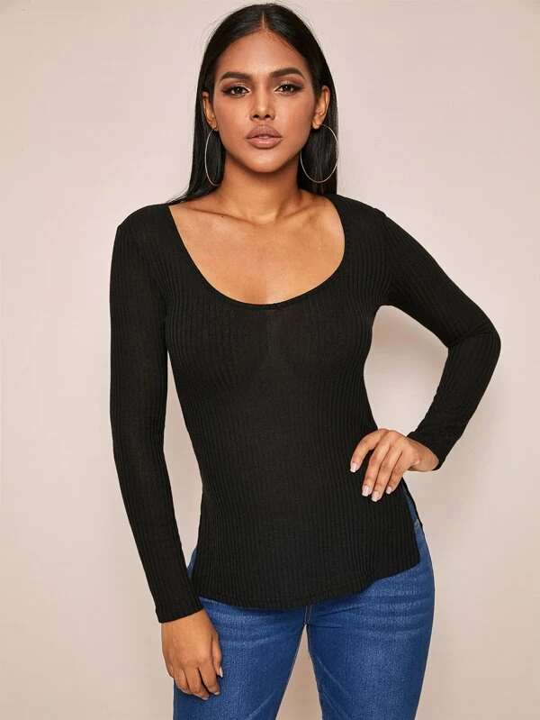 Deep V-Neck Slim Fit Split Side Rib-knit Top