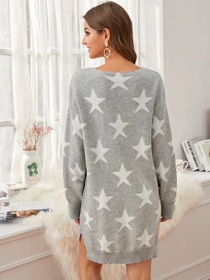 Boat Neck High Low Slit Hem All Over Star Sweater Dress