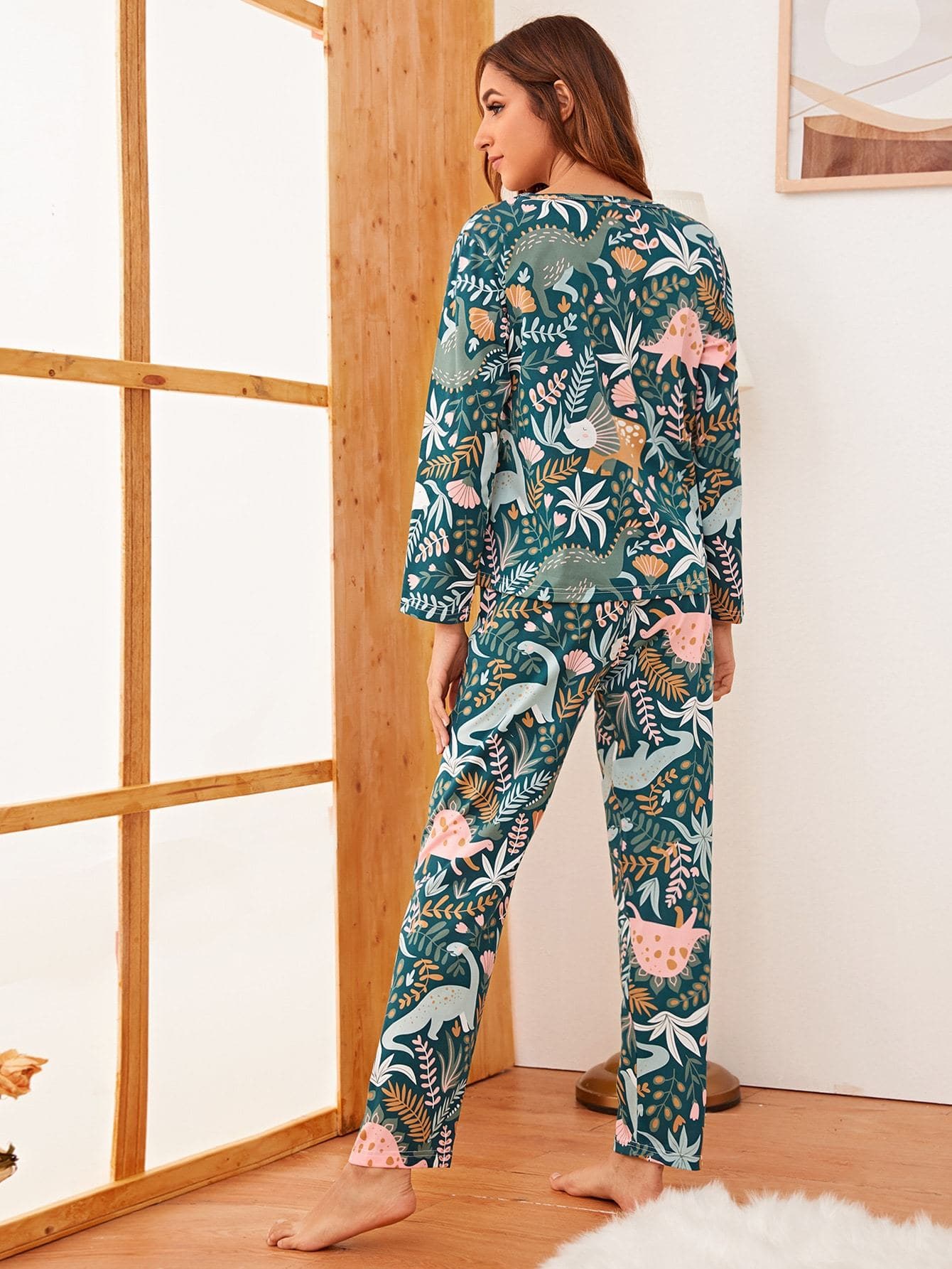 Green Round Neck Leaf and Dinosaur Print Pyjama Sleepwear Set With Eye Cover