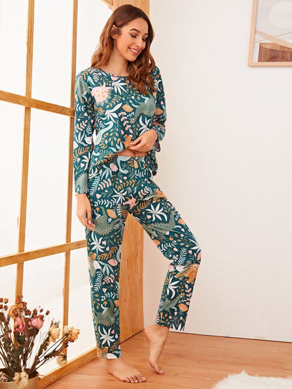 Green Round Neck Leaf and Dinosaur Print Pyjama Sleepwear Set With Eye Cover