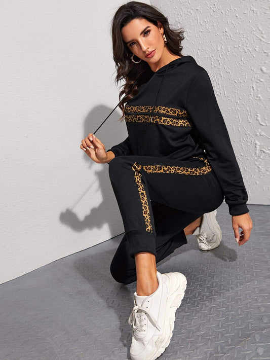Black Contrast Leopard Drawstring Hoodie With Joggers