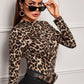 Mock-neck Sand Collar Leopard Slim Fit Top
