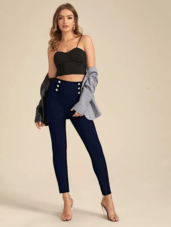 Wide Waistband Double Button Skinny Pants