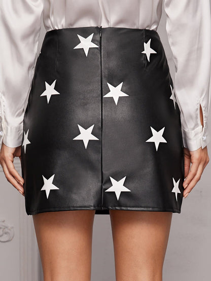 Black Mid Waist Star Print PU Leather Mini Skirt