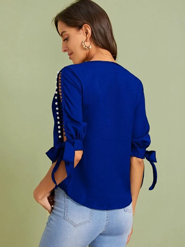 Round Neck Neon Lime Pearl Beaded Split Sleeve Knot Cuff Top - Royal Blue