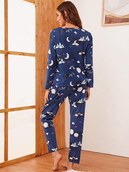 Navy Blue Round Neck Cartoon Graphic Sleepwear Set