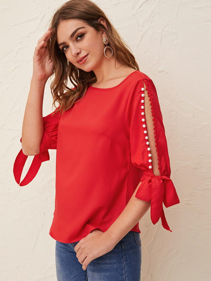 Round Neck Neon Lime Pearl Beaded Split Sleeve Knot Cuff Top - Red