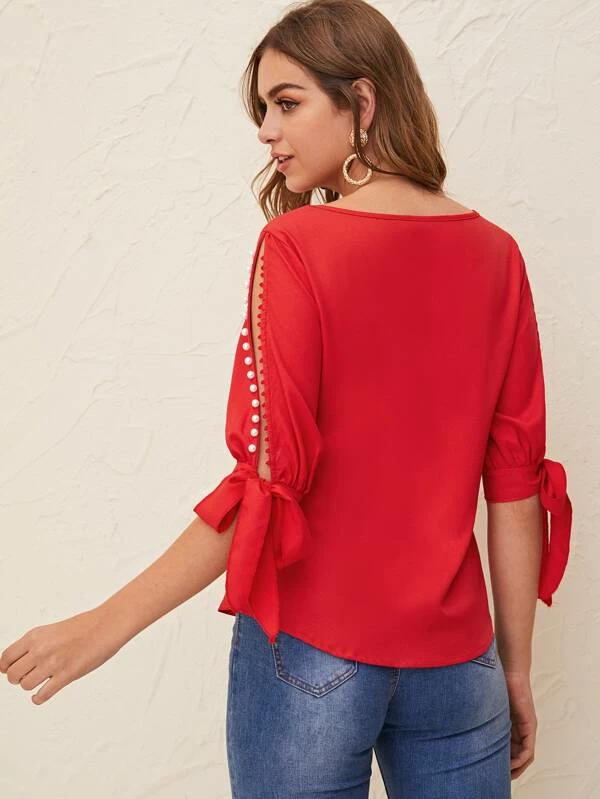 Round Neck Neon Lime Pearl Beaded Split Sleeve Knot Cuff Top - Red
