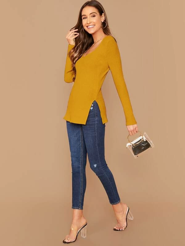 Deep V-Neck Slim Fit Split Side Rib-knit Top