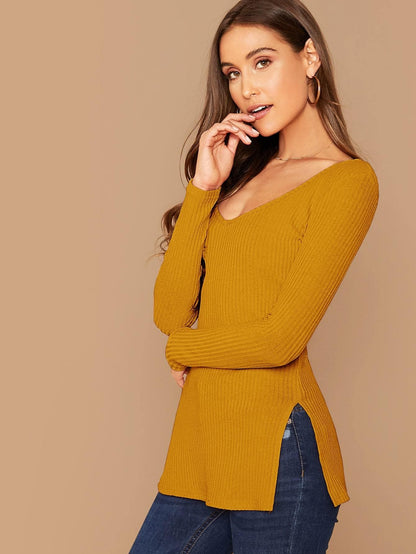 Deep V-Neck Slim Fit Split Side Rib-knit Top