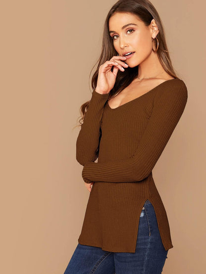 Deep V-Neck Slim Fit Split Side Rib-knit Top