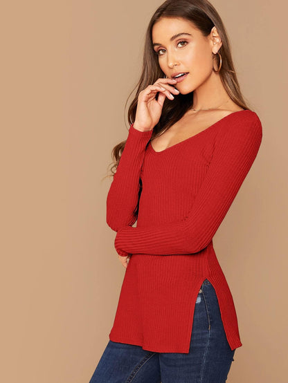 Deep V-Neck Slim Fit Split Side Rib-knit Top