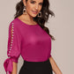 Round Neck Neon Lime Pearl Beaded Split Sleeve Knot Cuff Top - Dark Pink