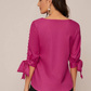 Round Neck Neon Lime Pearl Beaded Split Sleeve Knot Cuff Top - Pink