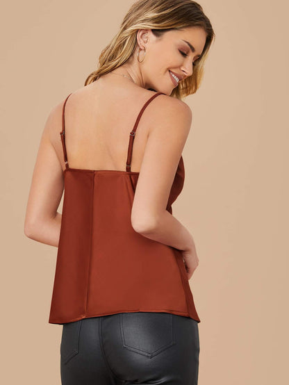 Red Adjustable Straps Cowl Neck Satin Cami Tank Top