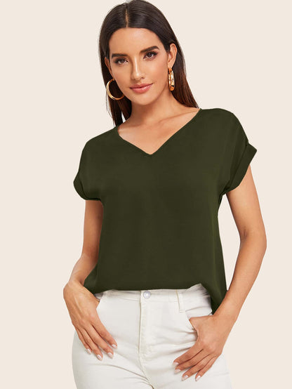 Round Neck Roll Up Sleeve High Low Hem Top