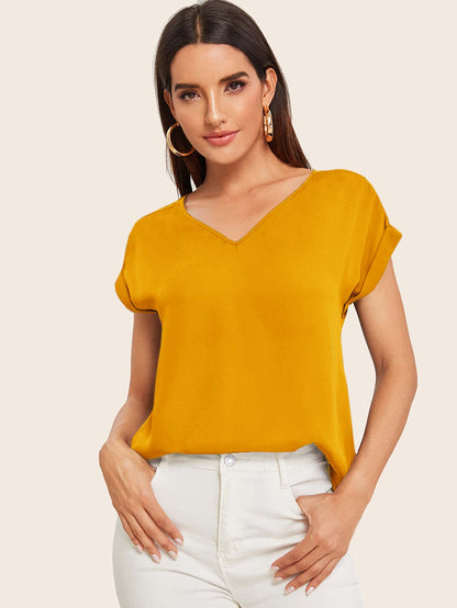 Round Neck Roll Up Sleeve High Low Hem Top