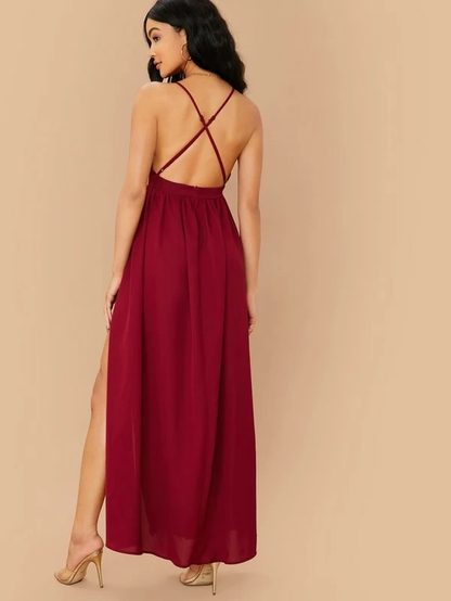 Sleeveless Crisscross Open Back High Split Halter Dress
