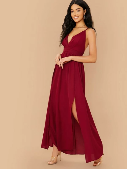 Sleeveless Crisscross Open Back High Split Halter Dress