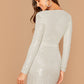 White Slim Fit Plunging Neck Asymmetrical Hem Wrap Sequin Dress
