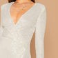 White Slim Fit Plunging Neck Asymmetrical Hem Wrap Sequin Dress