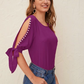 Round Neck Neon Lime Pearl Beaded Split Sleeve Knot Cuff Top - Magenta