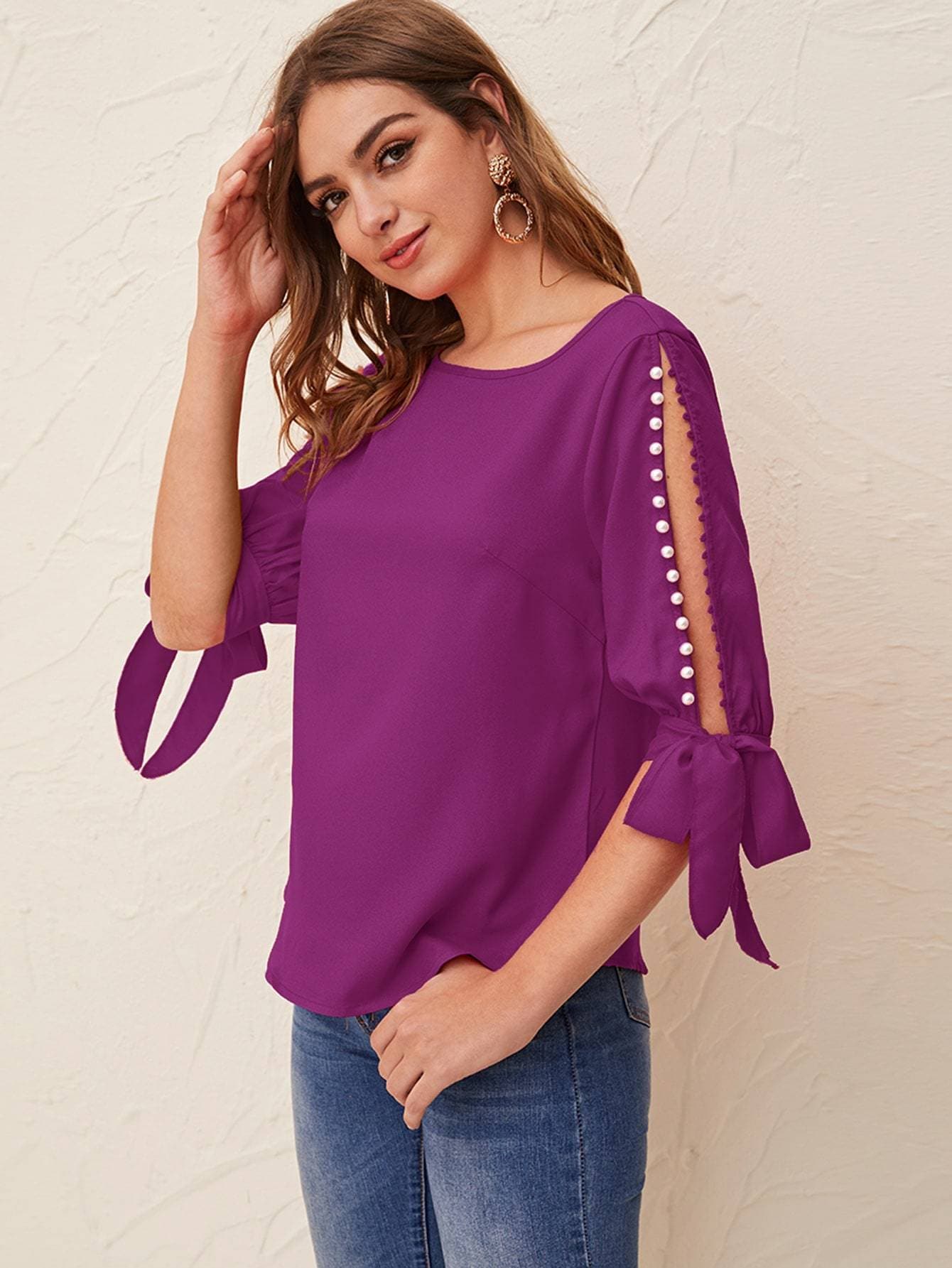 Round Neck Neon Lime Pearl Beaded Split Sleeve Knot Cuff Top - Magenta
