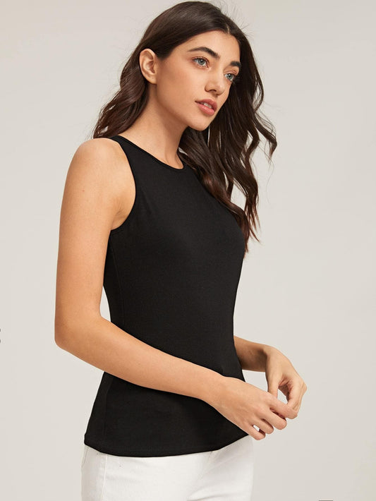Black Round Neck Solid Fitted Tank Top