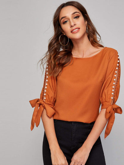 Round Neck Neon Lime Pearl Beaded Split Sleeve Knot Cuff Top - Orange