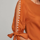 Round Neck Neon Lime Pearl Beaded Split Sleeve Knot Cuff Top - Orange