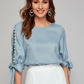Round Neck Neon Lime Pearl Beaded Split Sleeve Knot Cuff Top - Blue
